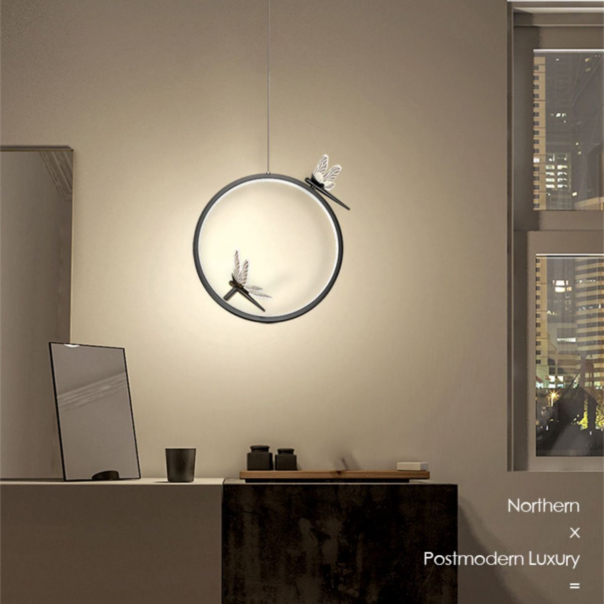 Ring and Dragonfly LED Pendant Artistic Simple Acrylic Bedside Hanging Light Fixture