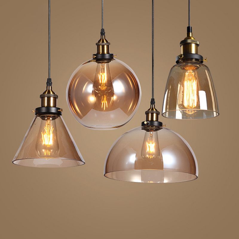 Clear Glass Shade Hanging Ceiling Light  Industrial Vintage Brass 1 Light Restaurant Down Lighting