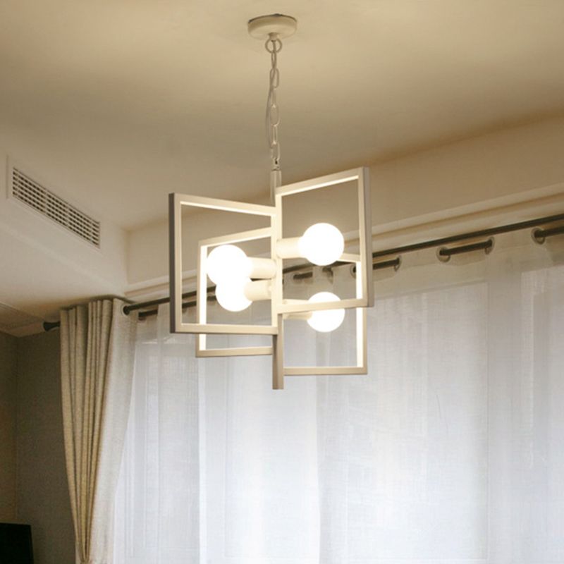 White Iron Frame Pendant Light in Industrial Minimalist Style Geometric 4-Light Hanging Lamp for Commercial Place