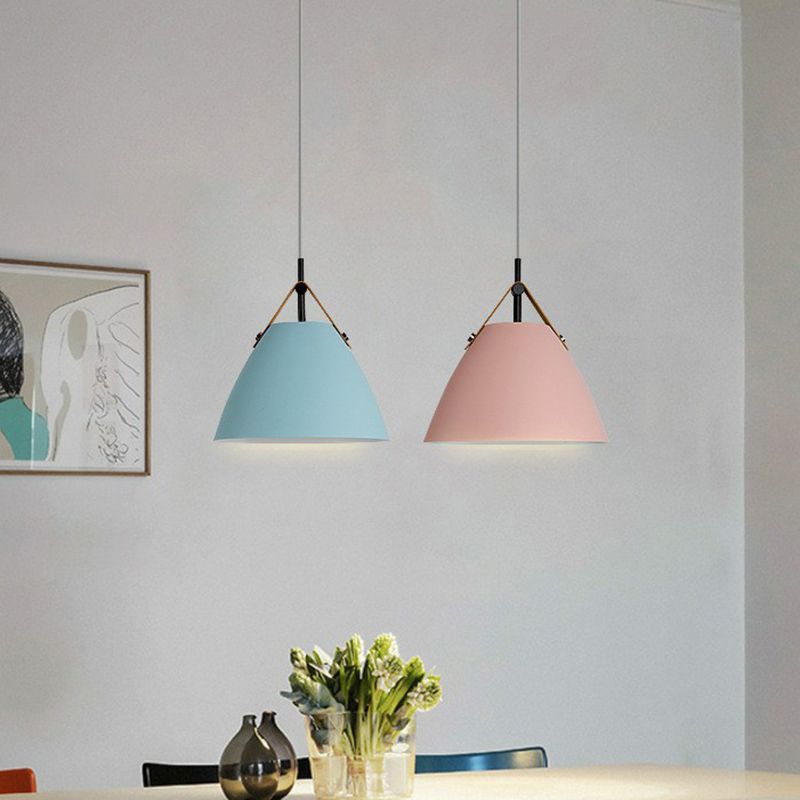 Macaron Conical Pendant Lamp Metallic 1 Head Dining Room Ceiling Light with Acrylic Diffuser and Leather Strap