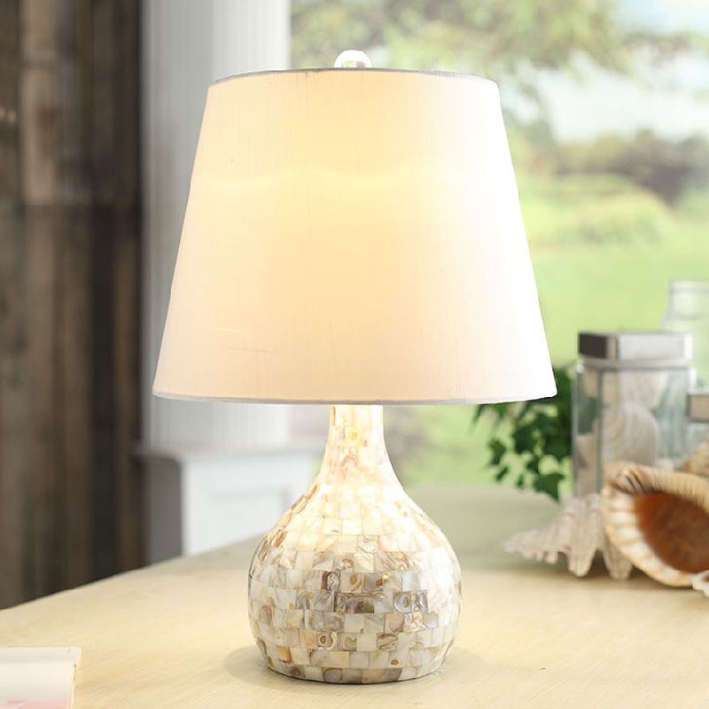 Shell Pear Shaped Night Light Countryside 1 Head Dining Room Table Lamp with Tapered Fabric Shade in White