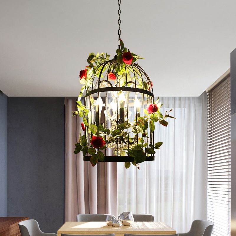 Schwarze 4 Lichter Kronleuchter Licht Bauernhaus Metallic Vogelkäfig Anhängerlampe mit rosa Blumen/grüne Pflanzen -Deco