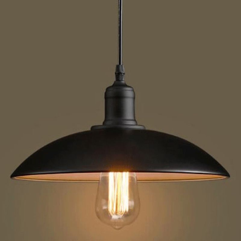 1 Light Pendant Light Industrial Retro Dome Shade Metal Hanging Lamp in Black