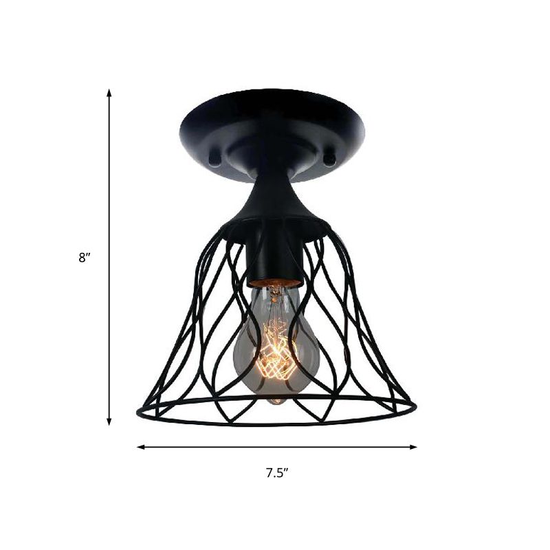 1 Bulb Ceiling Lighting Antique Bell Cage Shade Metallic Semi Flush Pendant Light in Black for Bedroom