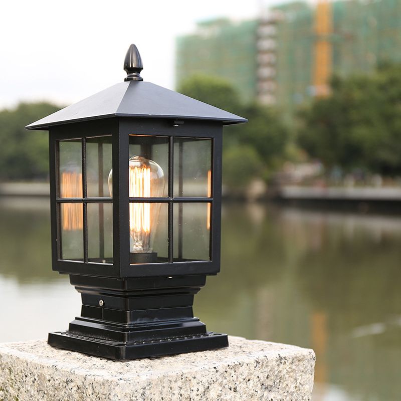 Metallic Lantern Shaped Landscape Light Retro 1 Bulb Outdoor Post Lighting with Clear Glass Shade