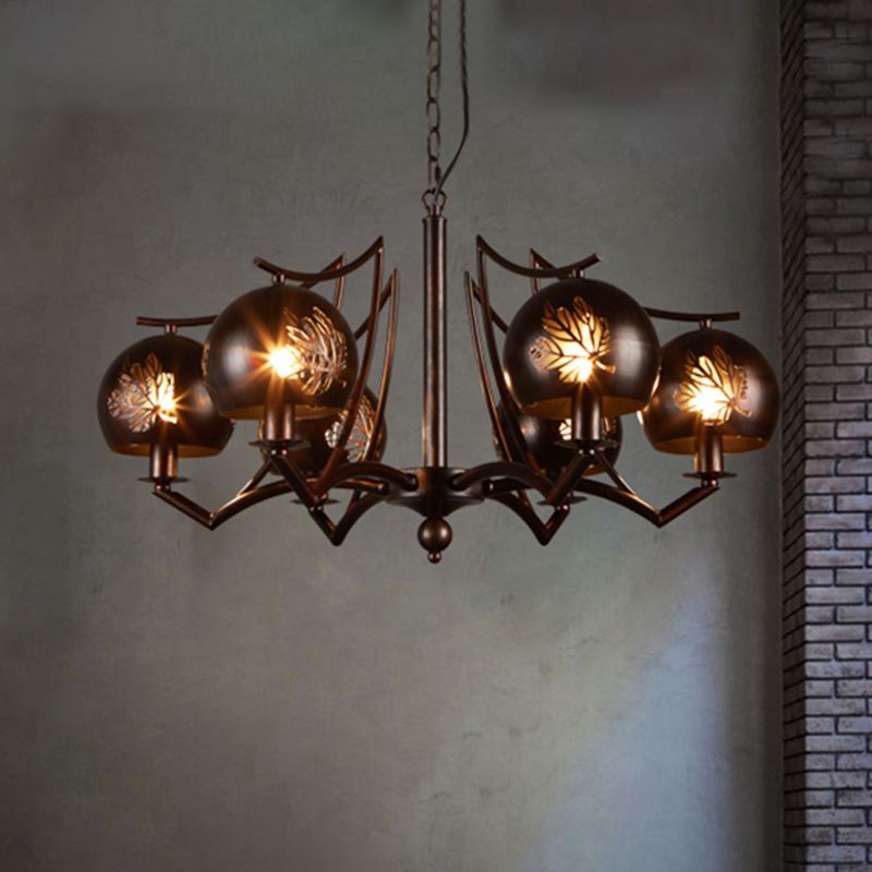 6 Light Ceiling Light Vintage Bubbled Etched Metal Hanging Chandelier in Rust for Dining Room