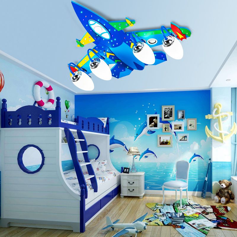 Jet Childrens Bedroom Ceiling Lamp Wooden Cartoon Flush Mount Light Fixture in Blue