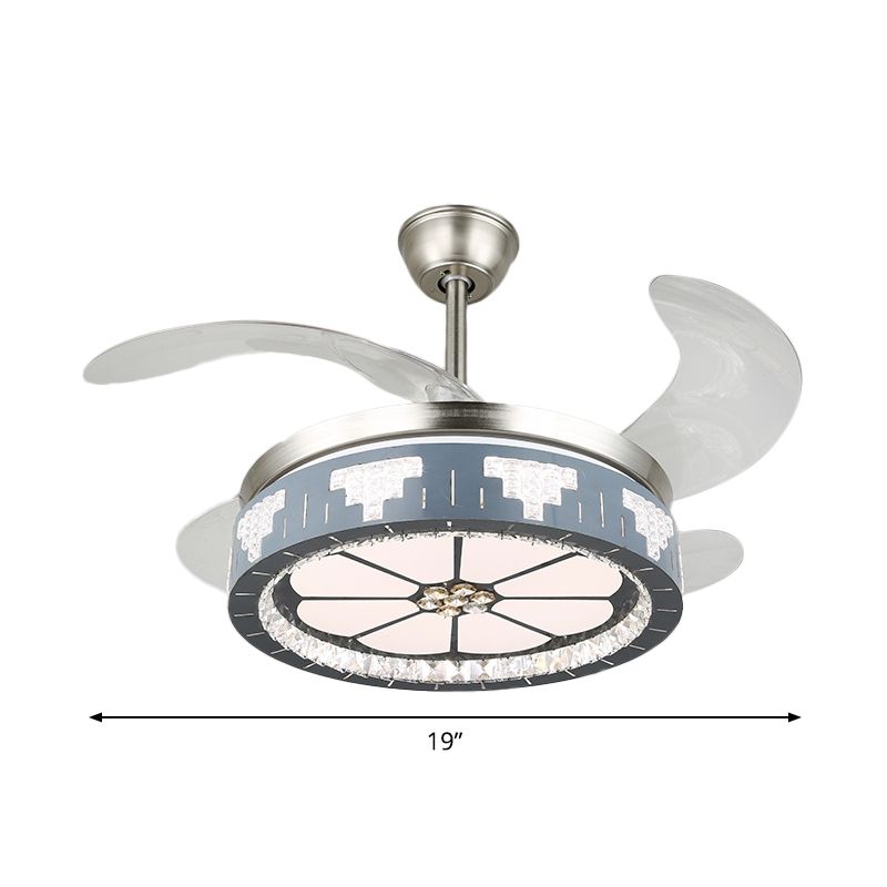 4-Blade Faceted Crystal Round Pendant Fan Light Modernity LED Silver Semi Mount Lighting, 19" Wide