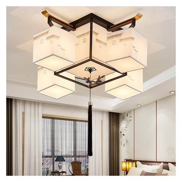 Wit Sputnik LED -plafondlicht in traditionele artistieke stijl Stoffen Indoor Semi Flush Mount met keramische bloemendecoratie