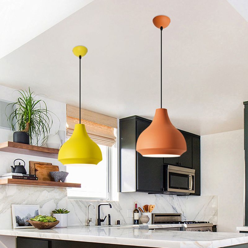 Single-Bulb Cafe Pendant Light Fixture Macaron Grey/Yellow/Orange Hanging Lamp with Vase Aluminum Shade