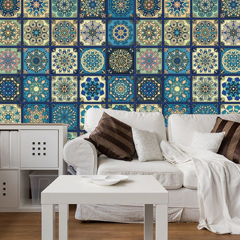 Bohemian Mandala Wallpaper Panels Blue-Yellow-Green Adhesive Wall Decor for Kitchen