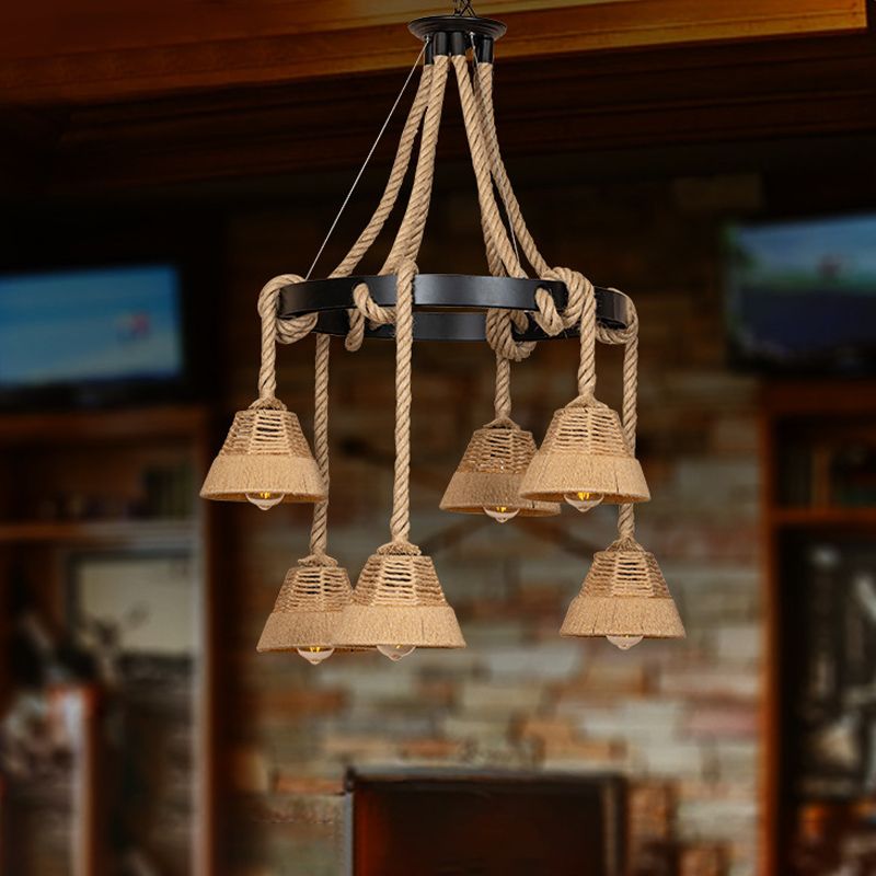 6 Lights Carillon Ceiling Chandelier Cottage Brown Roped Hanging Pendant for Restaurant