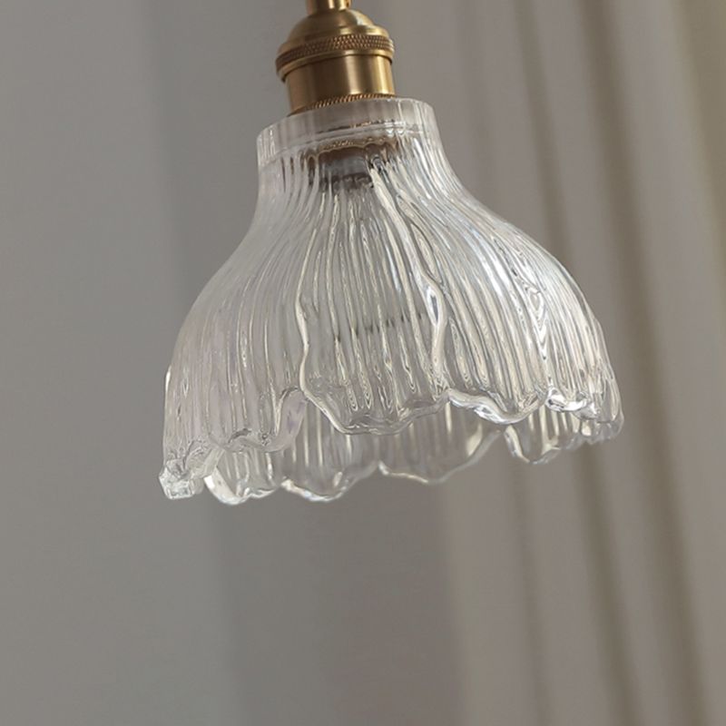 Ribbed Glass Floral Suspension Pendant Simple 1 Bulb Dinner Hanging Light in Brass