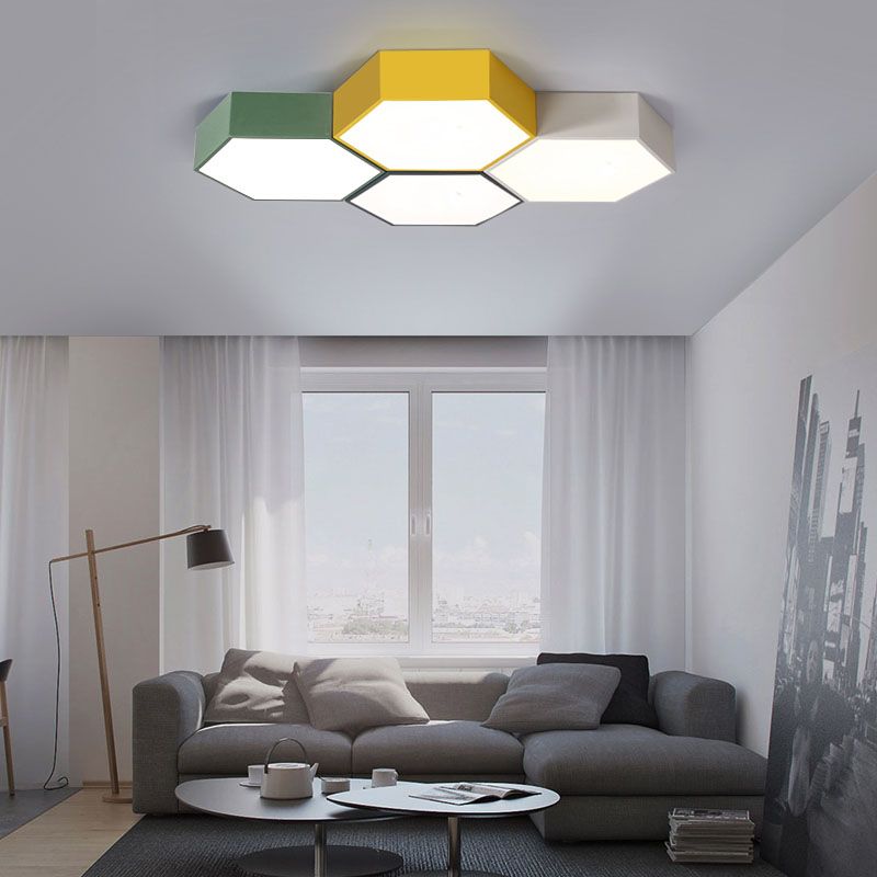Nordic Hexagon Ceiling Light Colorful LED Flush Mount Light for Bedroom