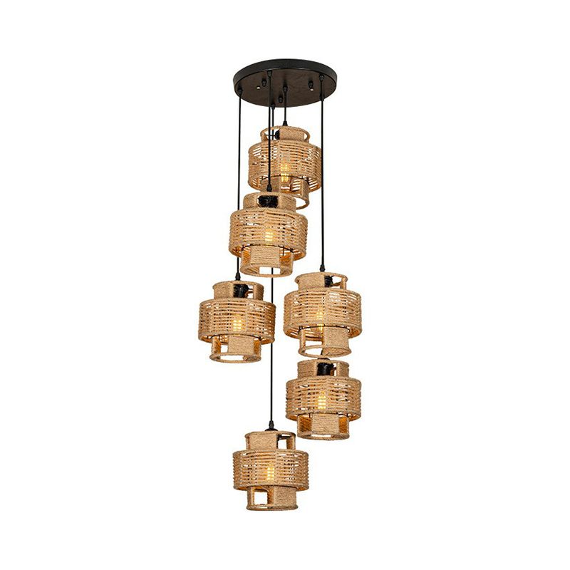 Lodge Style Round/Linear Canopy Pendant 3/6 Lights Roped Hanging Ceiling Light with Double Shade in Brown