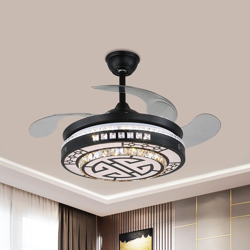 4 Blades LED Round Semi Flush Modern Black Finish Clear Square Crystals Hangende ventilatorlicht, met Chinese knoop/bloem/half cirkelvormig patroon, 19 breed