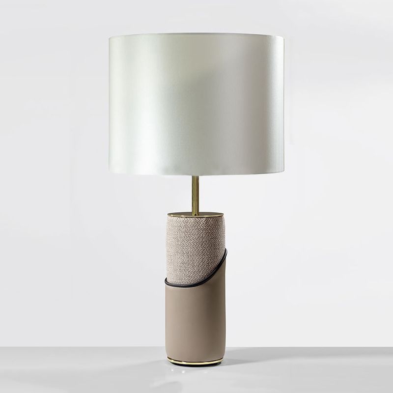 Fur Cylinder Nightstand Light Modernism 1 Head Grey Table Lamp with Drum White Fabric Shade