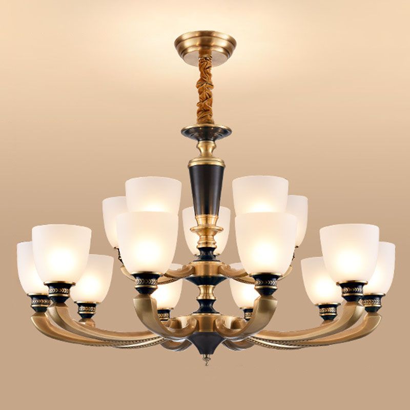 Simplicity Chandelier Lamp Brass Bowl Suspension Lighting Fixture with White Frosted Glass Shad