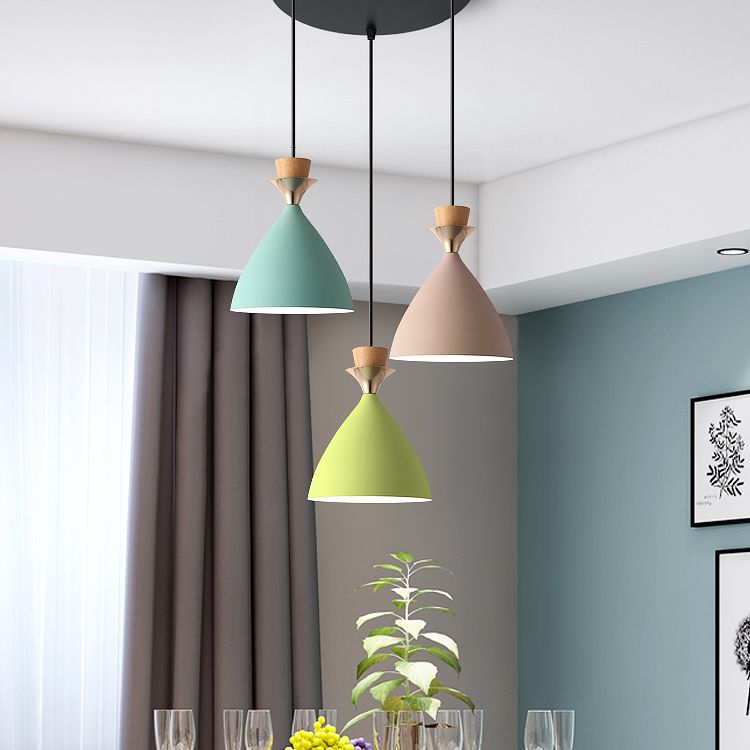 Macaroon 3-Light Cluster Pendant Green-Pink-Yellow Cone Metal Shade Hanging Light with 59" Adjustable Hanging Wire