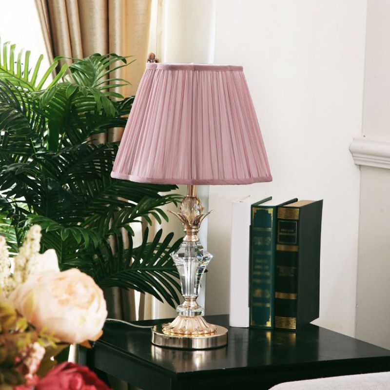 Candlestick Bedroom Desk Light Classic Clear Crystal 1-Head Pink Nightstand Lamp with Scalloped/Tapered Shade