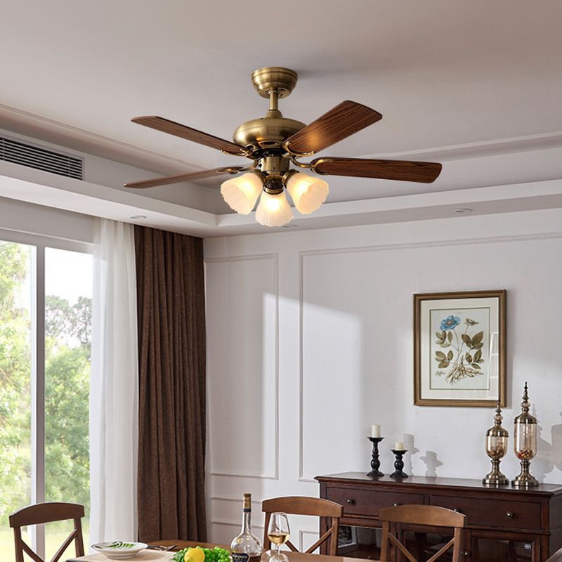 Nordic Style Ceiling Fan Lamp Brown Ceiling Fan Light with Glass Shade for Bedroom