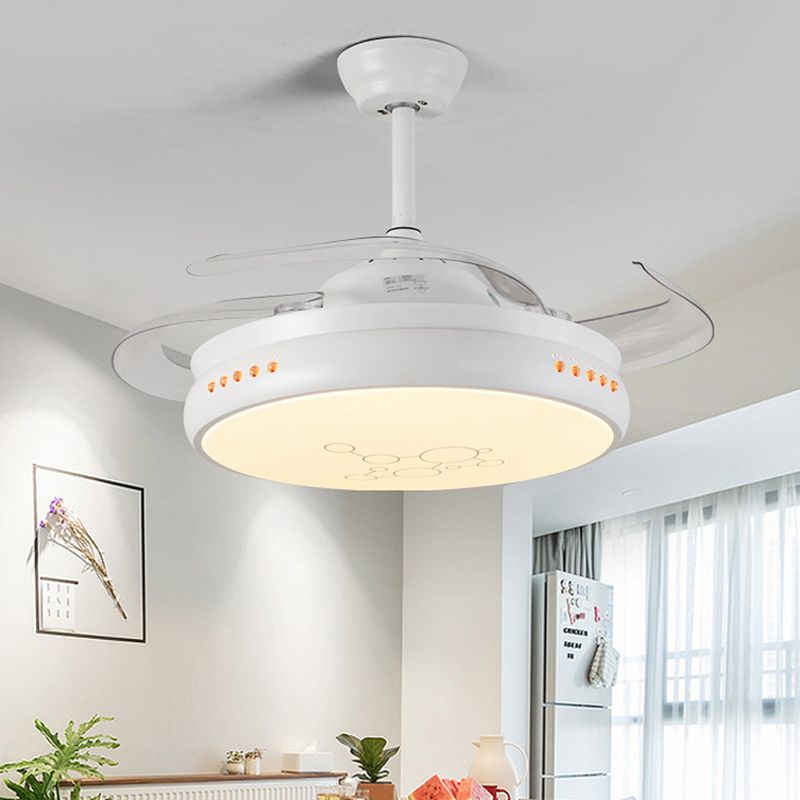 42" Wide LED Round Semi Flush Mount Simple Black/White Finish Metal 3 Clear Blades Hanging Fan Light with Acrylic Shade