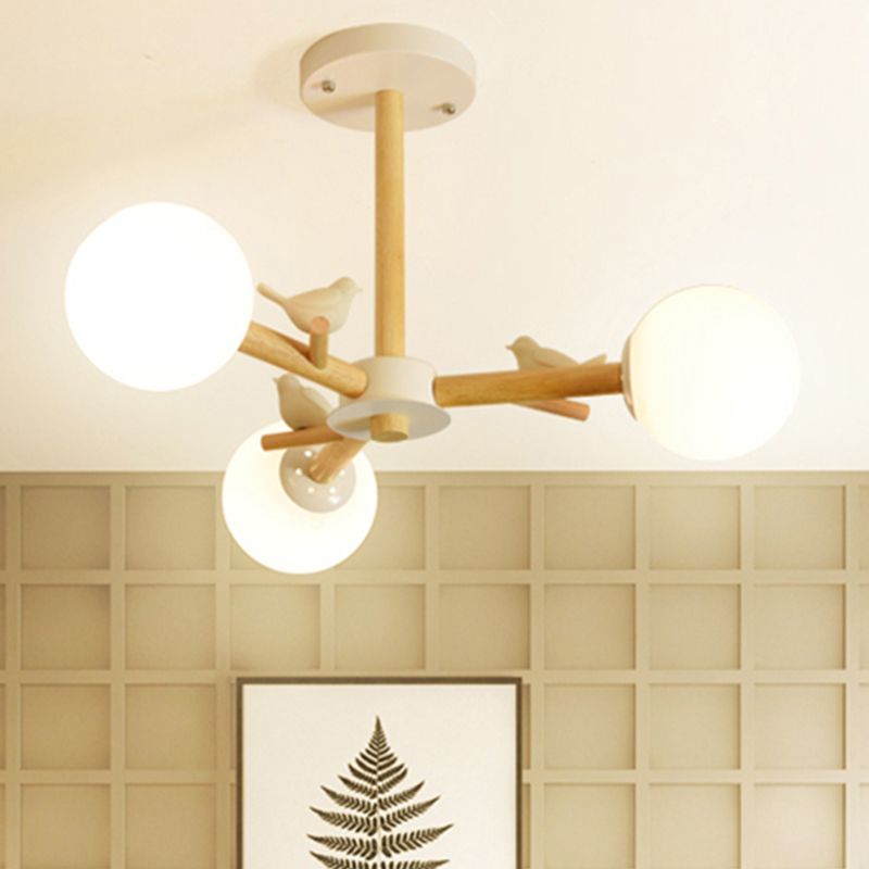 Orb Shade Bedroom Chandelier with Bird Wood Glass Japanese Style Hanging Light in White