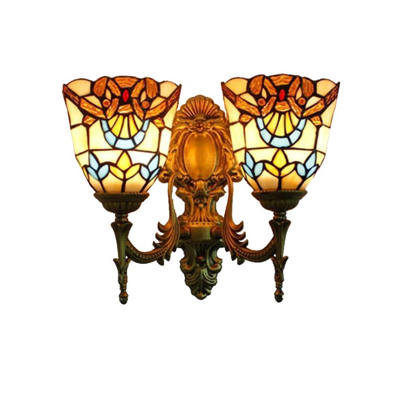 Victorian Bell Wall Mount Lighting Stained Glass 2 Heads Wall Sconce Lamp for Dining Room
