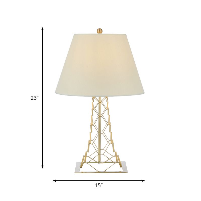 Tower-Like Frame Table Lighting Modern Metal 1-Bulb Gold Finish Night Lamp with Conic White Fabric Shade