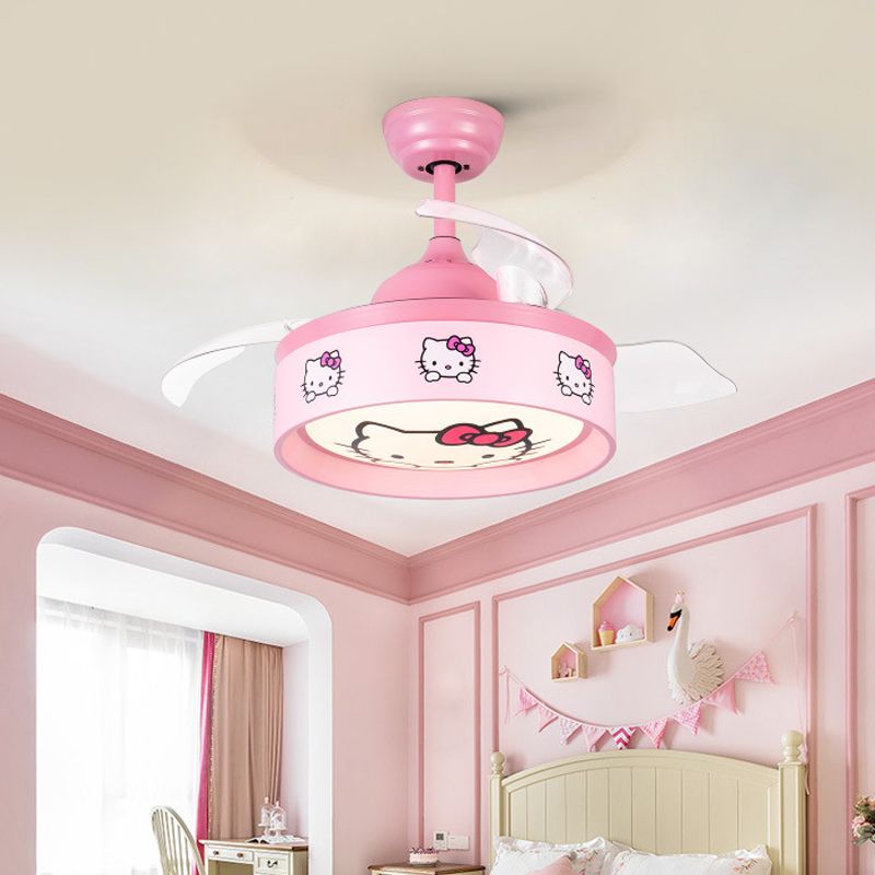 36" W LED Bedroom Ceiling Pendant Fan Light Kids Pink/Blue Finish 3 Blades Semi Flush Lamp with Drum Metal Shade, Cartoon Cat Pattern