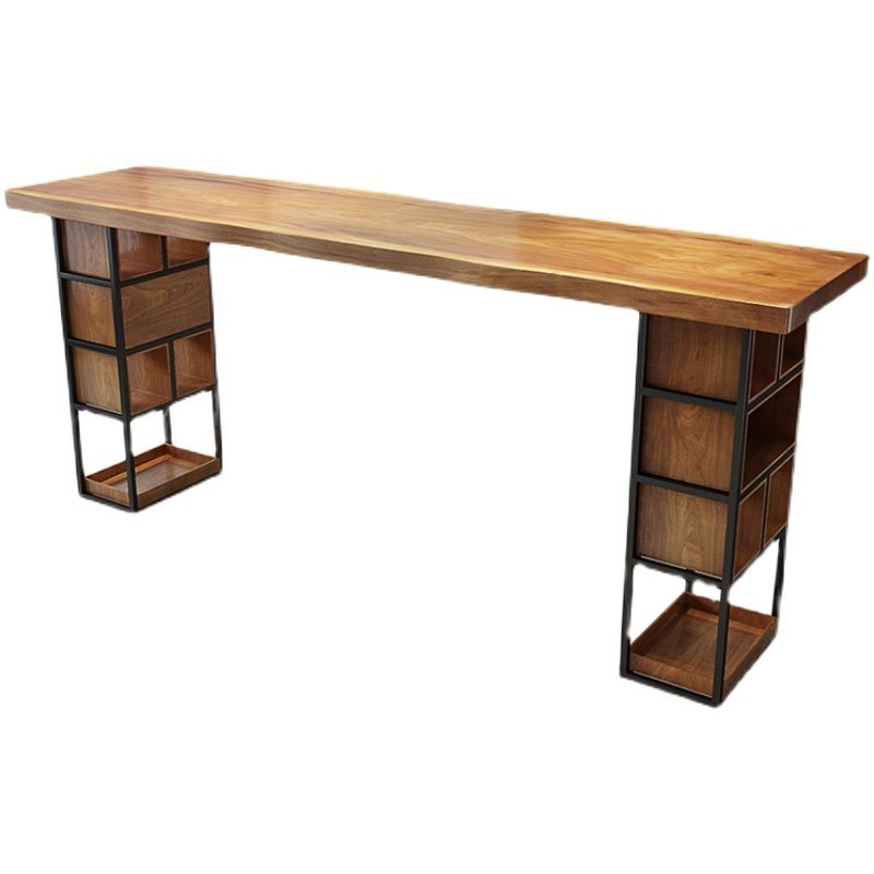 Brown Wood Counter Table with Rectangle Table Top Double Pedestal Table - 41.3" H