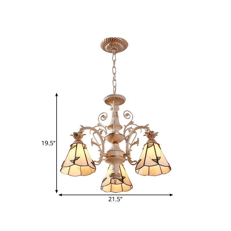 3/5-Light Conic Pendant Chandelier Mission White Stained Glass Leaf Patterned Ceiling Hang Fixture