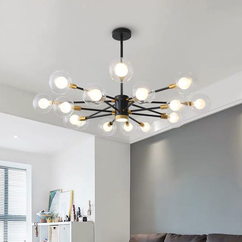 Modern Metal Radial Hanging Chandelier Light Spherical Clear Glass Shade Suspension Light  in Black