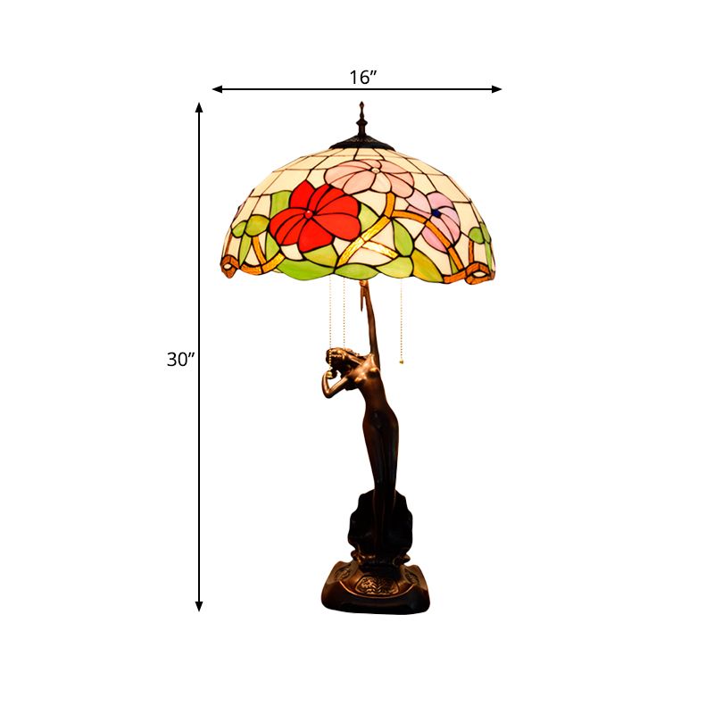 Flowering Stained Glass Table Lamp Tiffany-Style 3 Heads Red/Orange Pull-Chain Night Stand Light with Women Sculpture