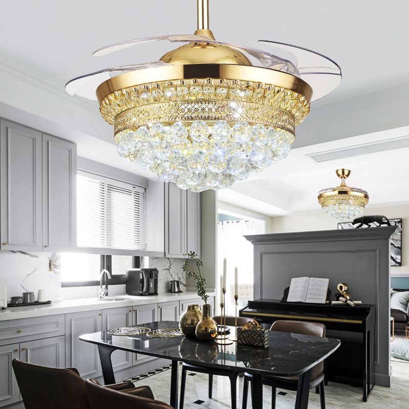 Tiered Crystal Orb Semi Flush Mount Light Contemporary Gold 4-Blade LED Hanging Fan Light Fixture