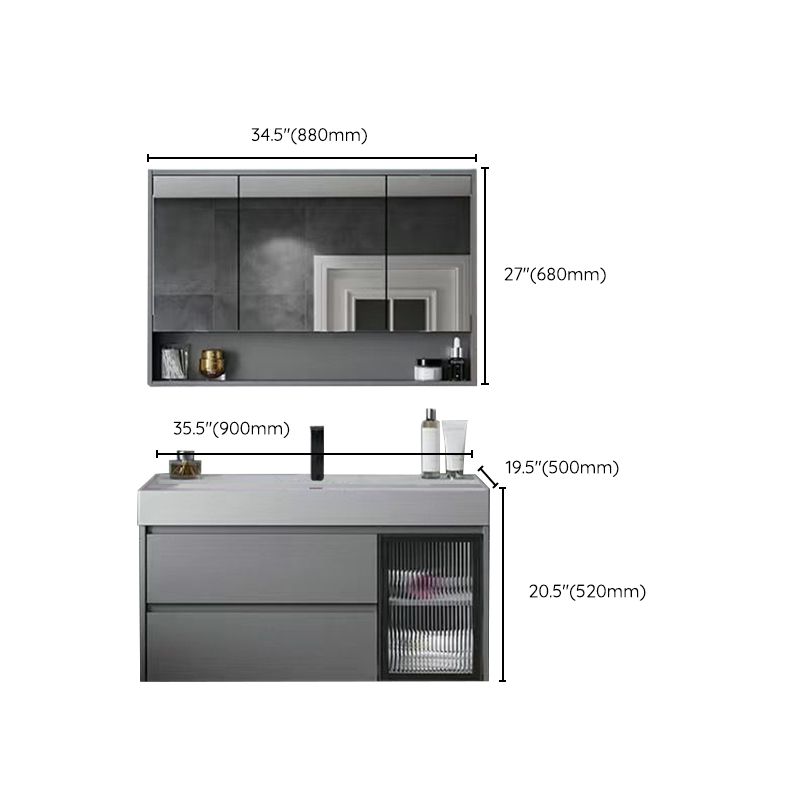 Drawers Bathroom Vanity Metal Single Sink Grey Rectangle Wall Mount Vanity Set with Mirror