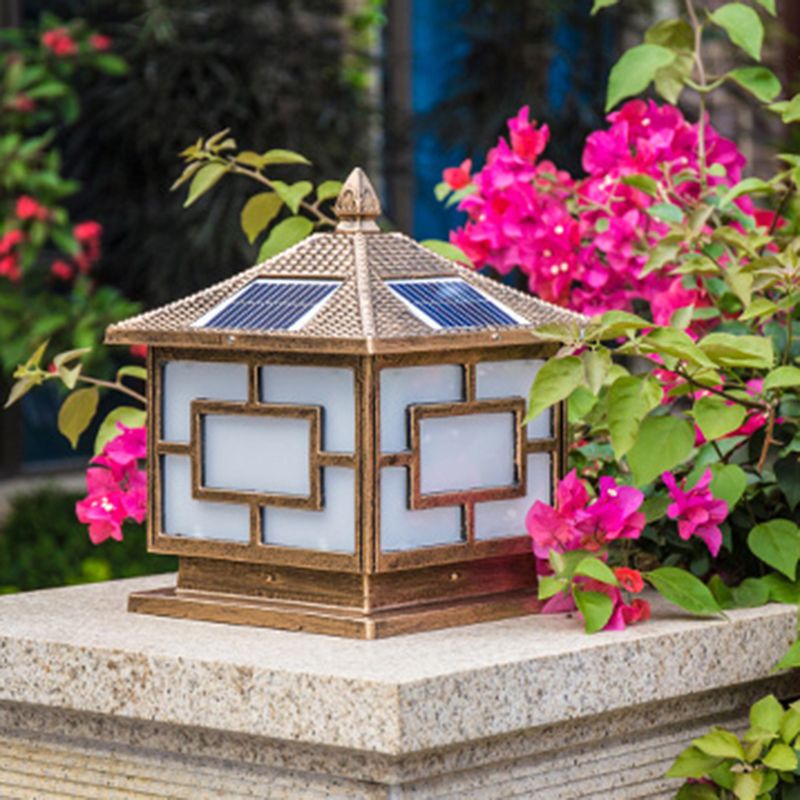 Traditional Lantern Solar Post Lamp Frosted Glass LED Street Lighting in Antiqued Brass