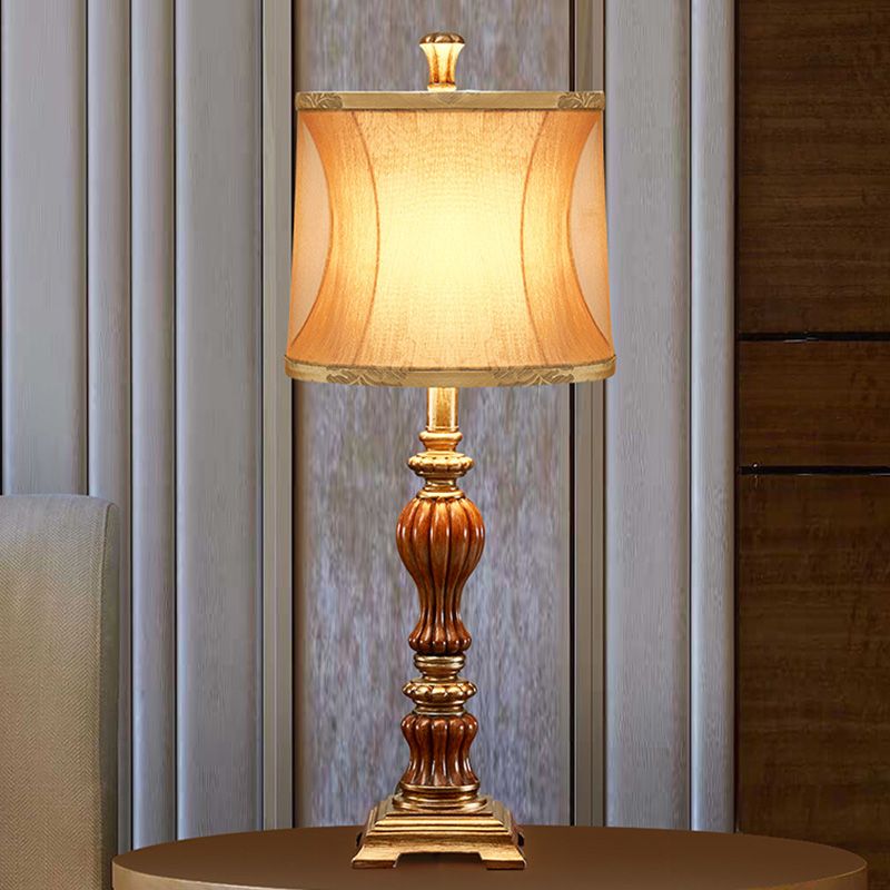 Drum Design Living Room Night Table Lamp Retro Style Fabric 1-Bulb Brown Desk Light with Square Pedestal