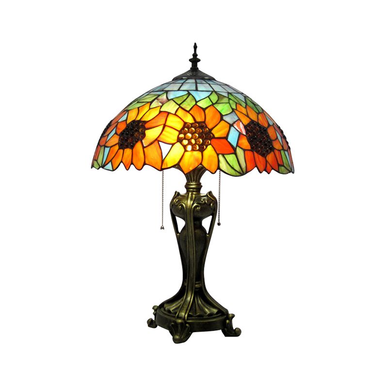 Villa Sunflower Desk Light with Pull Chain Stained Glass 2 Lights Rustic Tiffany Reading Light in Orange/Beige