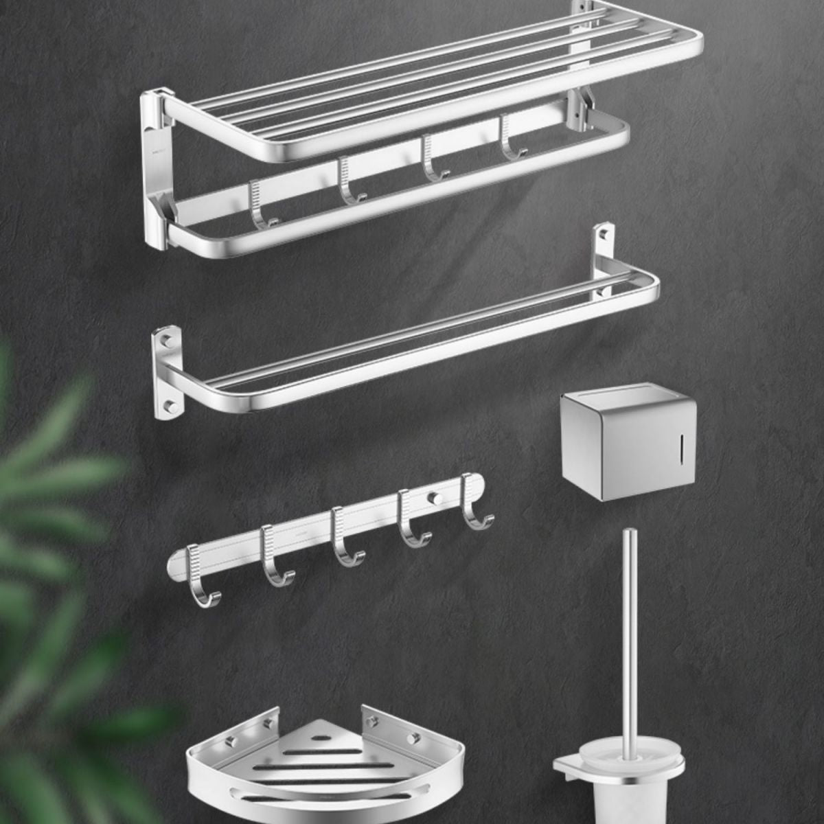 6-Piece Bathroom Hardware Set in Silver with Bath Shelf/Robe Hooks/Towel Bar