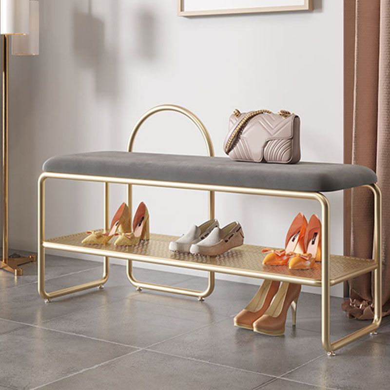 Glam Style Entryway Bench Cushioned Metal Seating Bench with Shelves