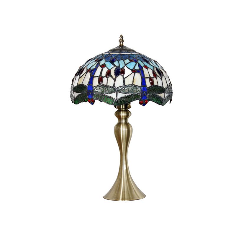 1-Head Bowl Shape Table Lighting Tiffany Green Dragonfly Glass Nightstand Lamp in Gold