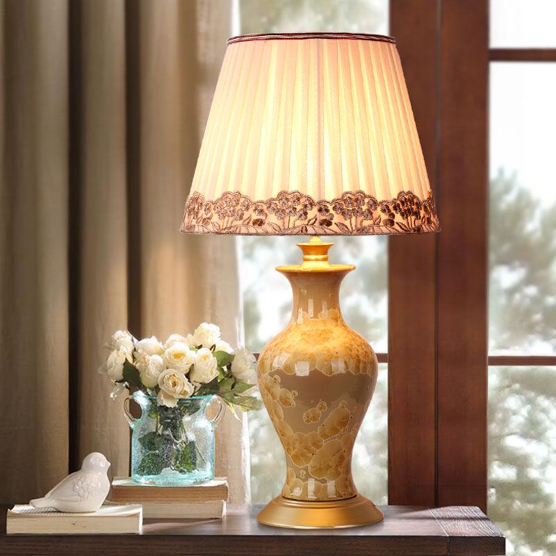 Beige Urn Night Light Rustic Ceramic 1 Head Living Room Table Lighting with Pleated Fabric Shade