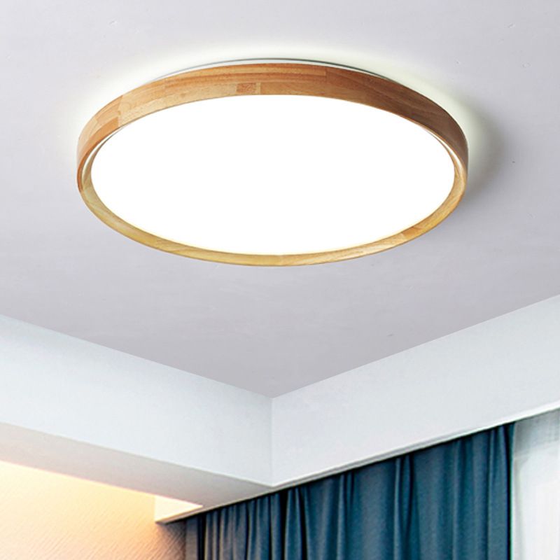 Wooden Round LED Flush Mount Contemporary Beige Flushmount Ceiling Light for Living Room