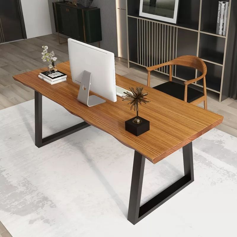 Rectangular Shaped Brown Office Desk with Black Legs for Office