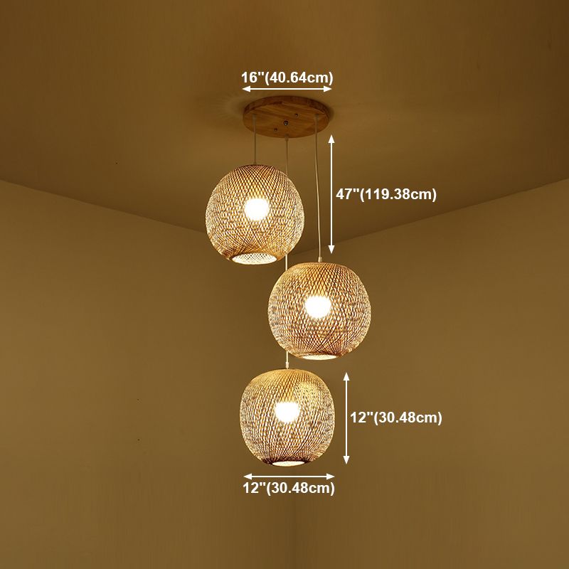 3 lumières escaliers pendentif style asiatique multiple lumière suspendue avec une teinte en bambou tressée