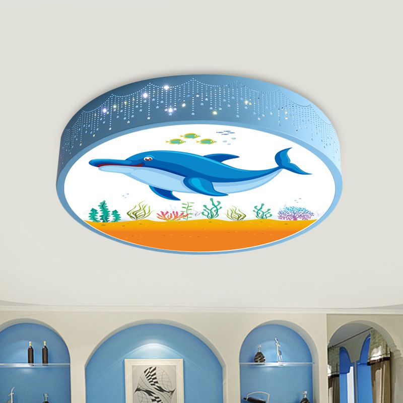 Kids Bedroom LED Flush Mount Light Cartoon Blue/White Ceiling Fixture with Dolphin/Shark/Fish Acrylic Shade