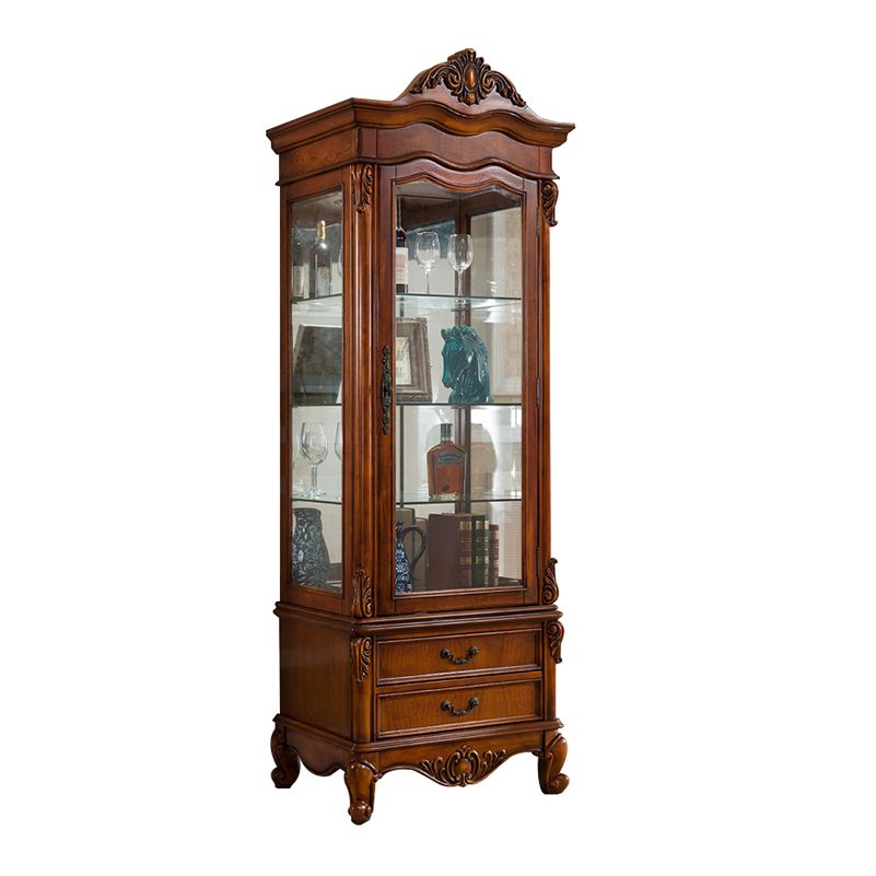 Traditional Glass Doors Curio Cabinet Rubber Wood Display Cabinet for Home