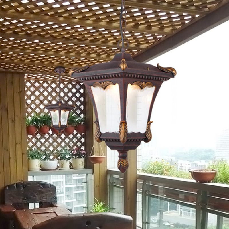 1 Bulb Suspension Light Lodge Patio Hanging Lamp Kit with Lantern Clear Ripple Glass Shade in Bronze/Rust