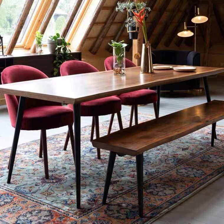 Minimalistische vaste houten rechthoekige vorm eettafel bruine keuken eettafel met 4 potenbasis